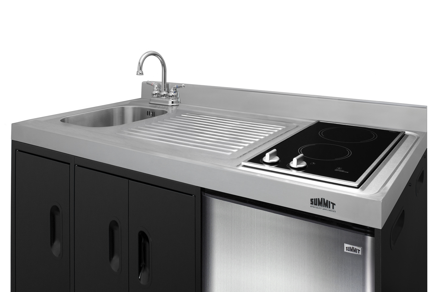 54 inch wide all-in-one kitchenette in black with a removable 2-burner 115V smooth top cooktop, 2-door refrigerator-freezer, sink, and two storage cabinets
